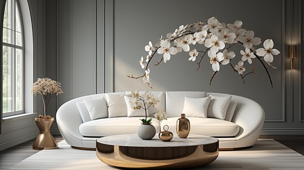 A golden coffee table in front of a white sofa in the interior design of the modern living room