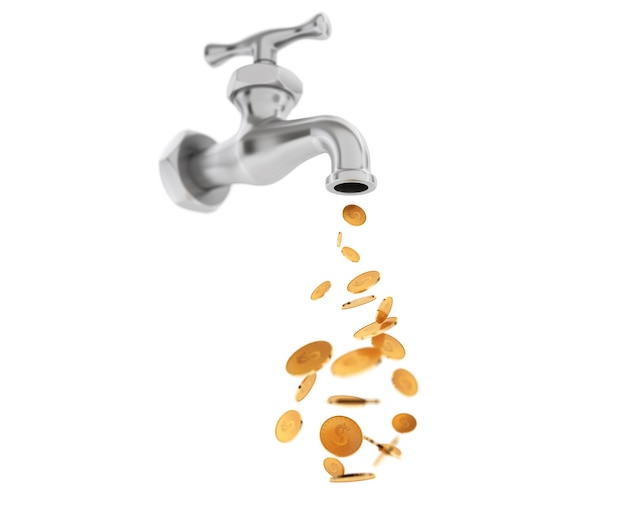 Golden Coin Coming Out From Chrome Water Tap on a white background