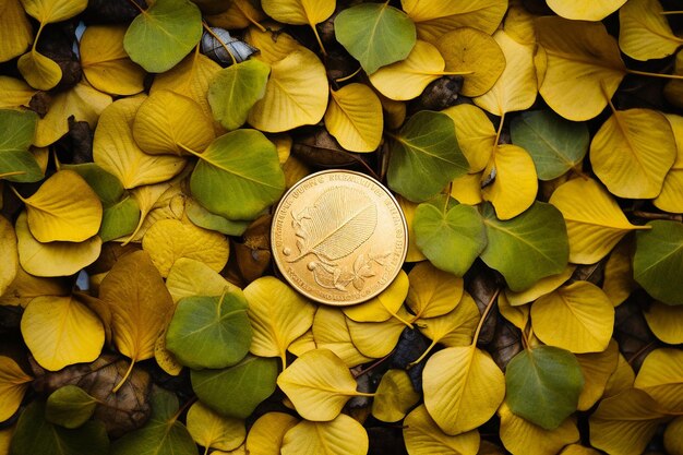A golden coin hidden among shamrocks