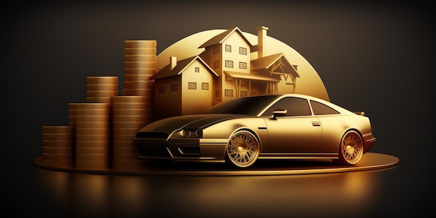 Golden coin house and car with graph idea for investment theme