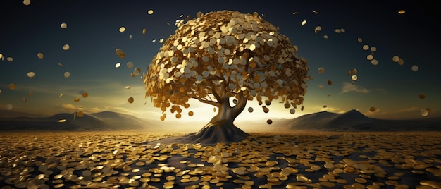 Дерево из золотых монет, символизирующее богатство и рост бизнеса