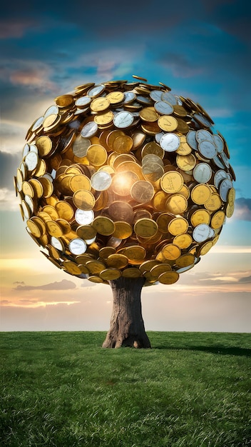 Foto golden coin tree with coins as leaves concept for wealth vertical mobile wallpaper
