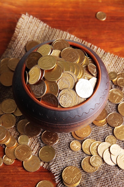 Golden coins in ceramic pot on wooden background