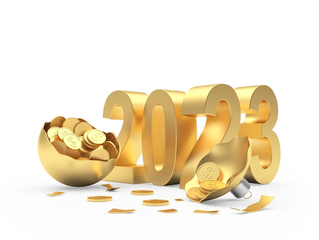 Золотые монеты в елочном шаре с номером нового года