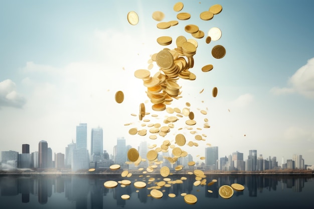 Golden coins flying in the air with cityscape and blue sky background