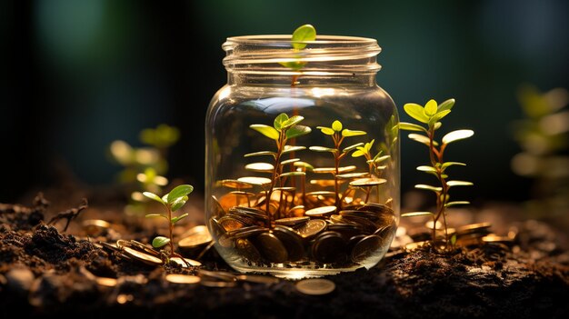 golden coins growing out of a glass bottle growing coins concept of money and saving