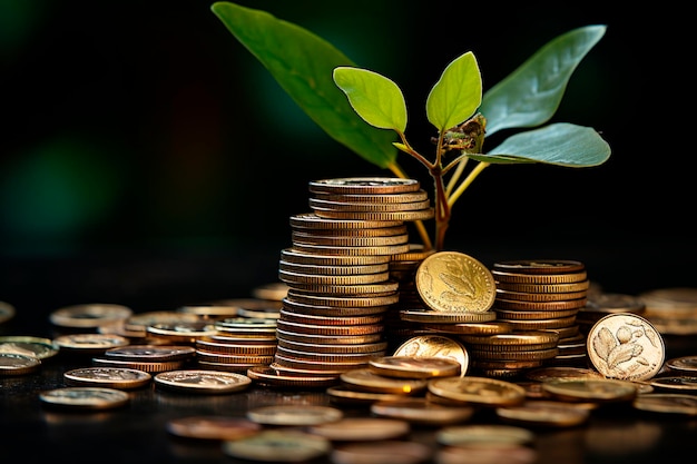 Golden coins and money in a pile of green leaves