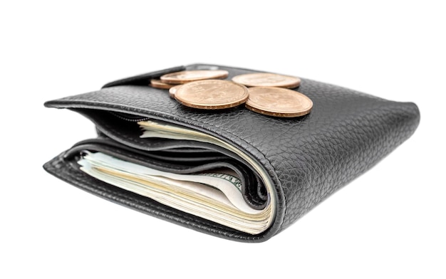 Golden coins on the purse with money Isolated on white