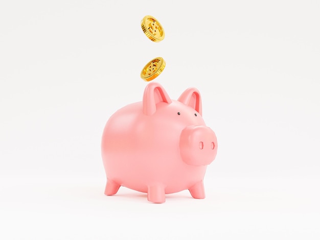 Photo golden coins putting to pink piggy save money on white background for deposit and financial saving growth concept by 3d render.