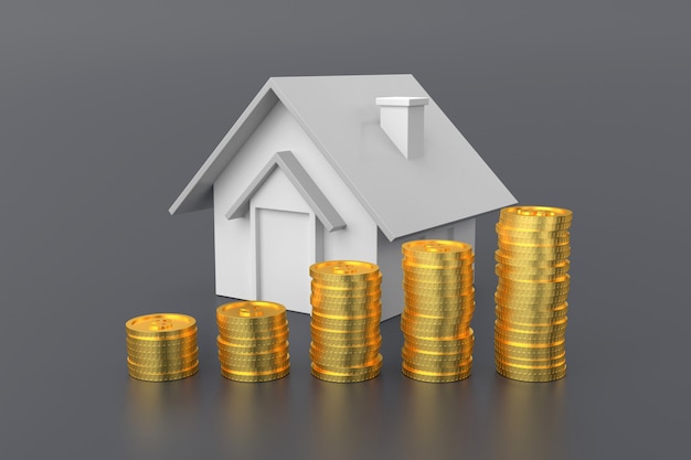 Golden coins stack and home model. 3D rendering.