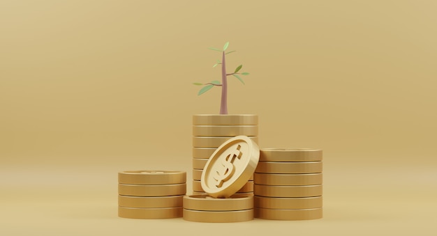 Golden coins stack with trees on yellow