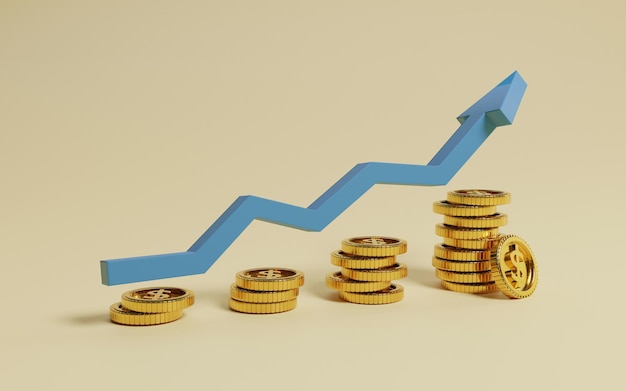 Golden coins stacking with increasing blue arrow on yellow background and copy space for economic investment profit and interest deposit from saving concept, 3D rendering technique.