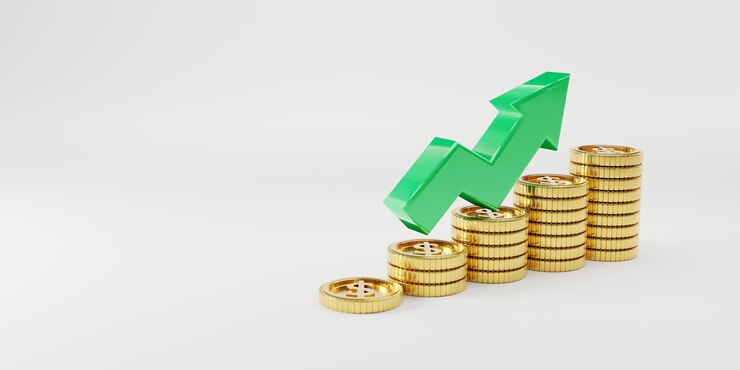 Photo golden coins stacking with increasing green arrow on white background and copy space for economic investment profit and interest deposit from saving concept, 3d rendering technique.