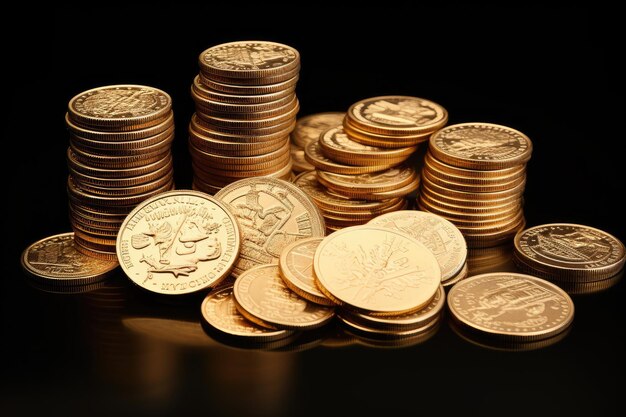 Golden coins in various angles for business investment and forex