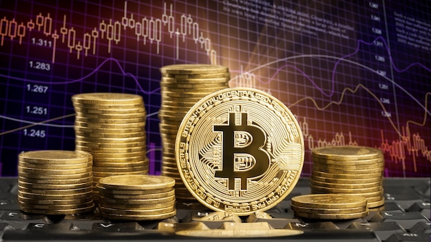 golden coins with bitcoin logo drop at market