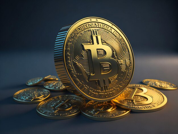 Golden coins with bitcoin symbol on a flat surface
