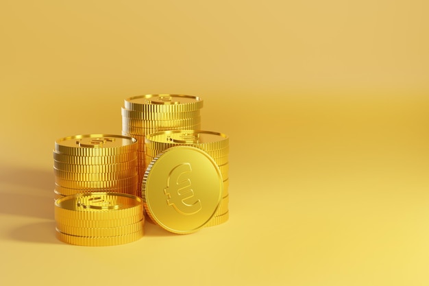 Monete d'oro con il segno dell'euro su sfondo giallo con copia spazio illustrazione 3d