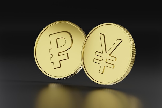 Golden coins with ruble and yuan sign on dark background 3d illustration