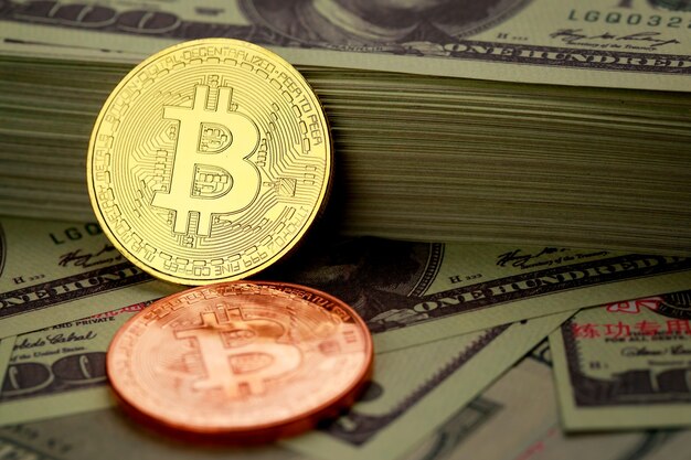 金色の暗号通貨コインは、ドル紙幣の山の上にシンボルを表示します。ビジネス界の経済における新しいタイプのお金であるブロックチェーンのアイデア。