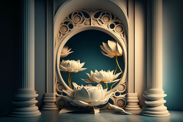 Golden columns and frames and lotus flower.