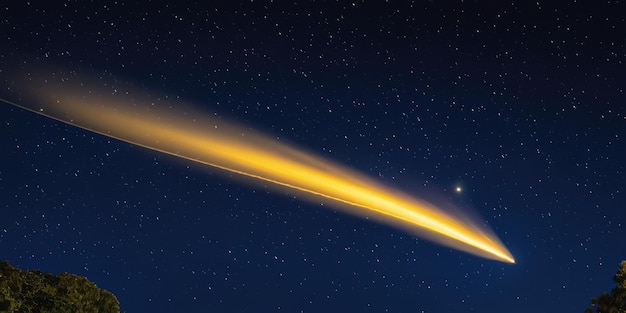 Photo a golden comet streaking across a dark blue sky