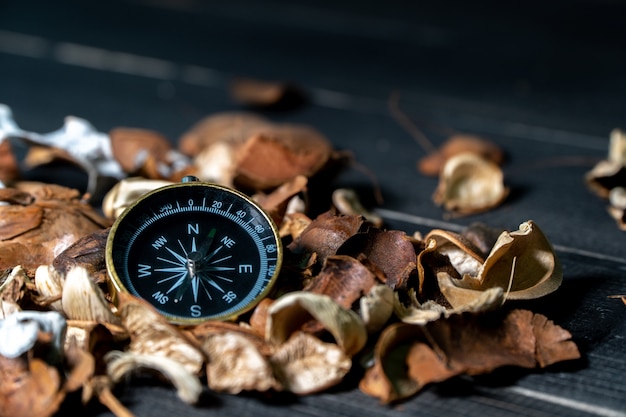 Golden compass put on dried leaves on wooden retro black table