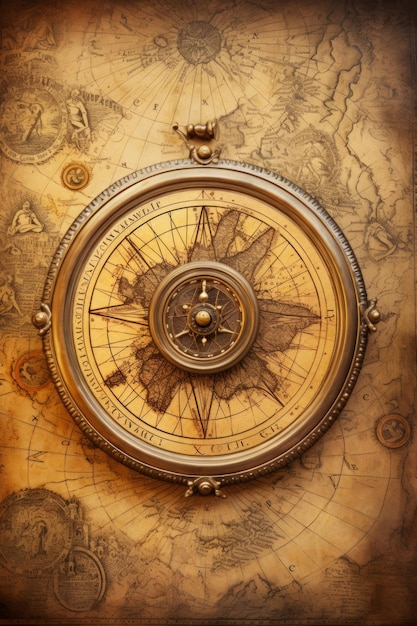 A golden compass on top of an old world map