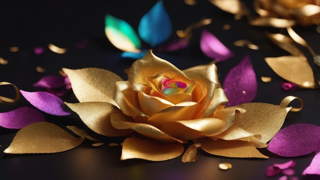 Фото Золотые конфеты и золотые розы на черном фоне