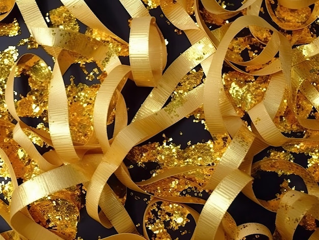 Golden confetti background with glitter bokeh light and ribbon Generative AI Celebration backdrop