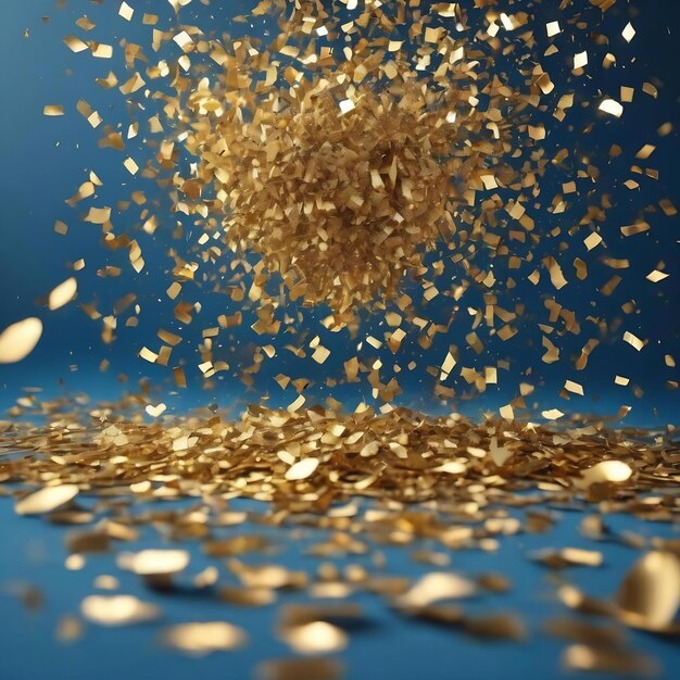 Golden confetti explosion on blue background