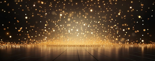 Golden confetti rain on festive stage with light beam in the middle empty room mockup