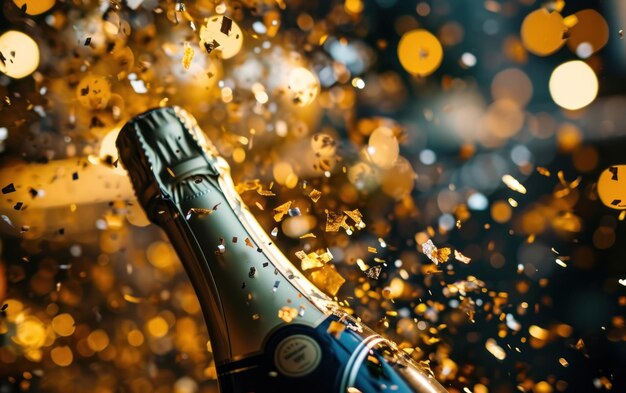 Golden confetti raining down on a champagne bottle in a party atmosphere