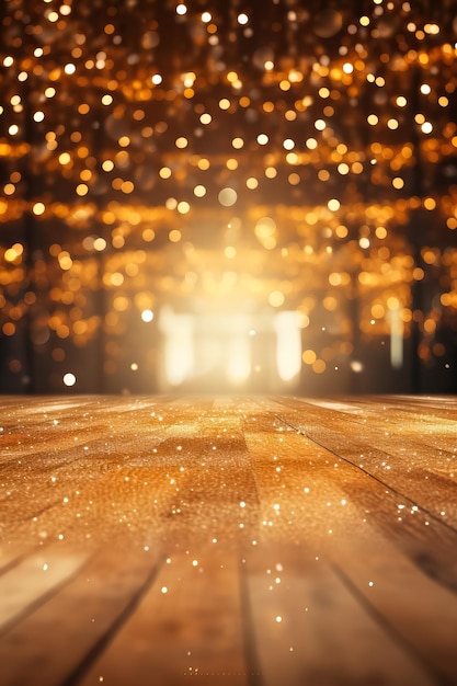 Golden confetti rains on festive stage with a light beam empty night mockup for events