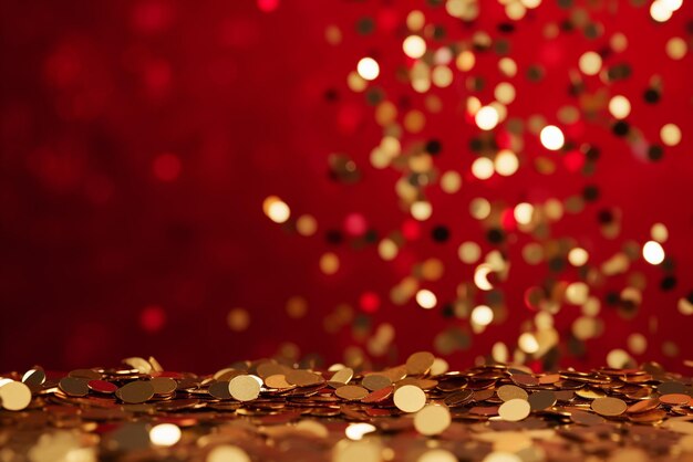 Golden confetti on red background