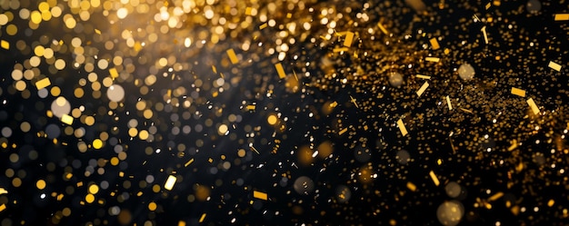 金色のコンフェッティが黒い背景に輝きクリスマスと新年の祝賀の祭りの精神を特徴としモダンで魅力的な金色の色彩で体現しています