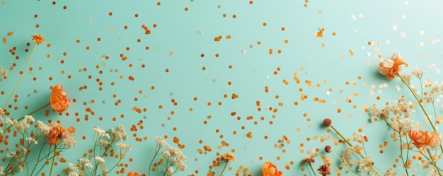 golden confetti with flowers on mint background