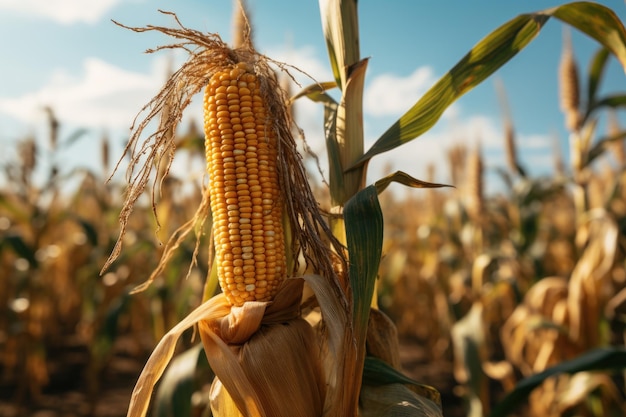 Golden Corn Cob in a Lush Field at Sunset