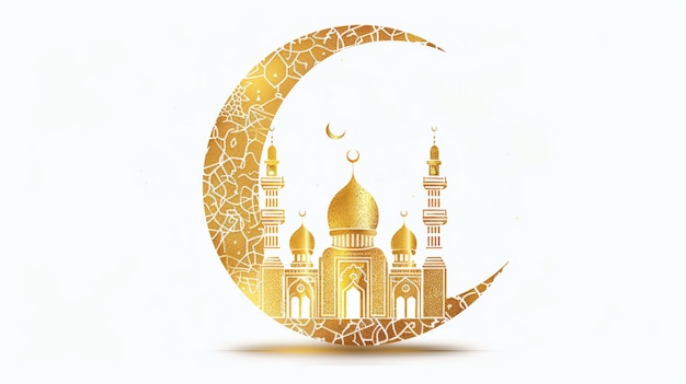 Golden crescent moon cradling a mosque silhouette celebrating Ramadan and Eid