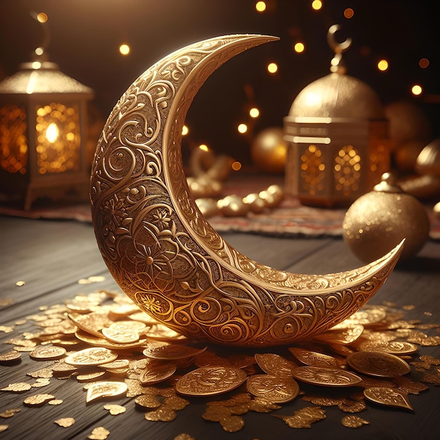 A golden crescent moon decorated with gold flakes is scattered on the floor