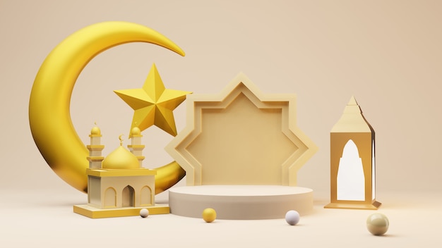 모스크와 이슬람 기호가있는 황금 초승달과 별