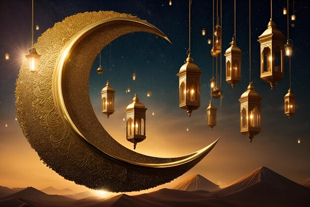 a golden crescent with lanterns hanging