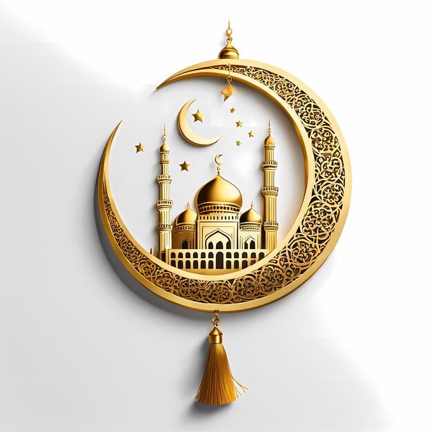 Photo golden cresent moon isolated on a white background islamic festival celebrating ramadan