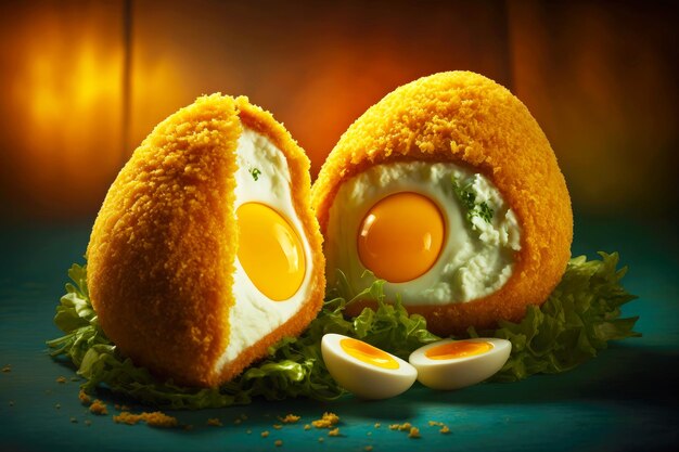 Golden crispy chicken kiev shaped like eggs created with generative ai