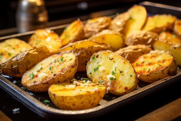 Golden Crispy Roasted Garlic Parmesan Potatoes on a Rustic Plate