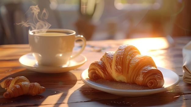 Golden croissants in morning sunlight near window sill Ai generated