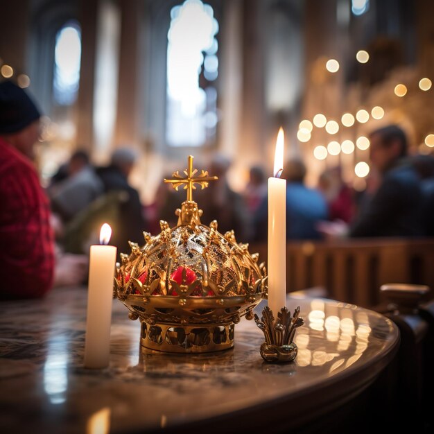 황금색 십자가가 교회 앞에 있는 불과 함께 테이블 위에 앉아 있다.