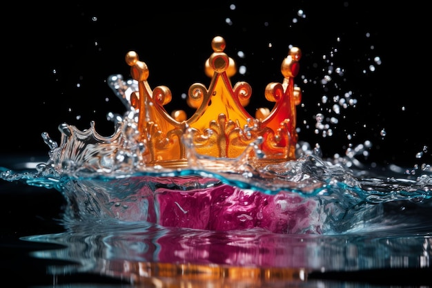 Golden crown falling into water with a splash