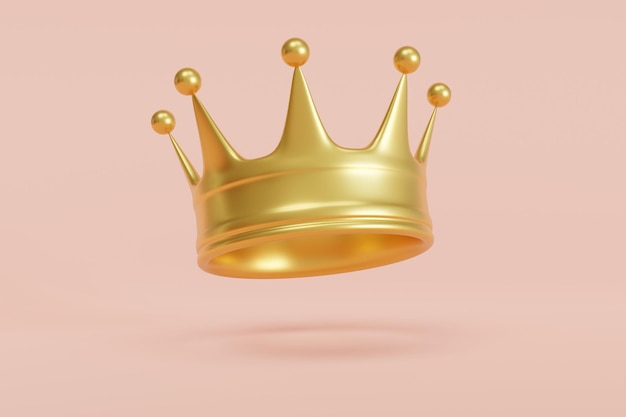 Золотая корона – символ лидерства. на розовом фоне. 3d визуализация