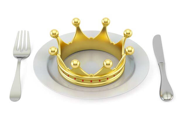 Photo golden crown on a plate with fork and knife royal cuisine concept 3d rendering