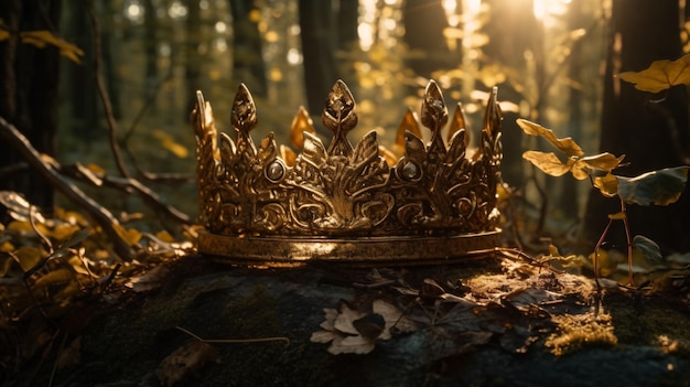 A golden crown sits on a fallen tree trunk in the woods.